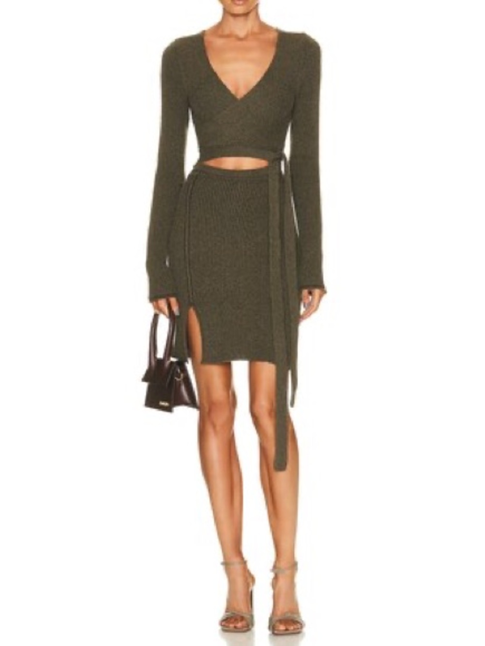 ACNE STUDIOS Kyvonne Bouclette Long Sleeve Cutout Wrap Dress- Green. Size 10